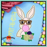 Bunny Bubble Gum Glasses Girl Bean Stitch Applique Design, Applique