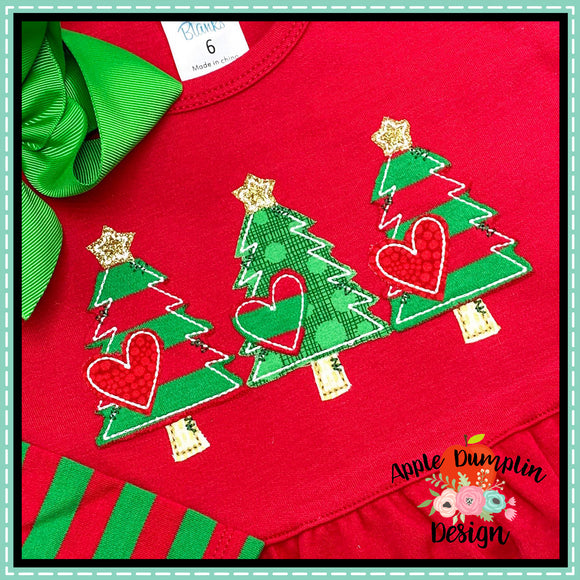 Christmas Tree Heart Trio Bean Stitch Applique  Design, Applique
