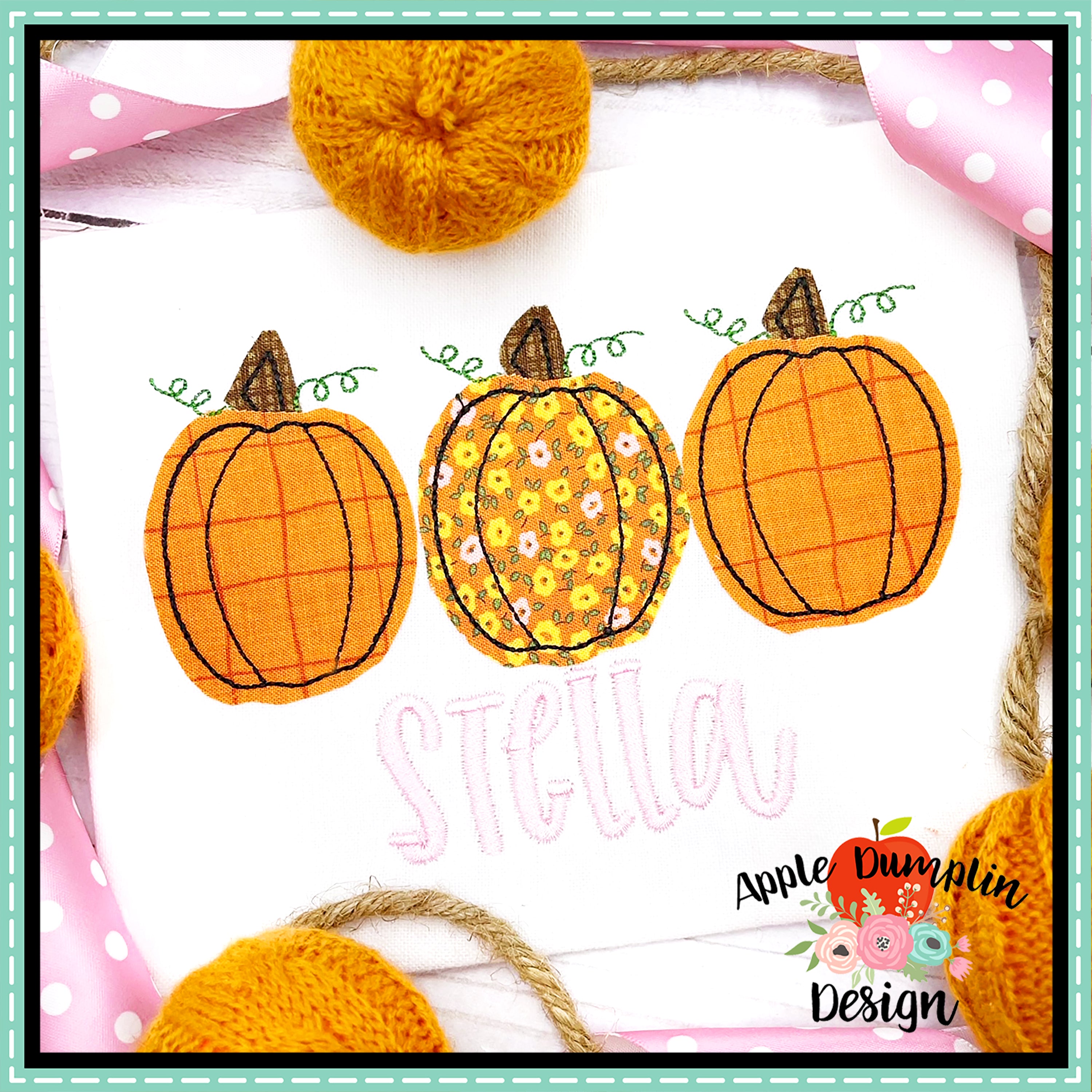 Pumpkin Trio Bean Stitch Applique Design, Applique