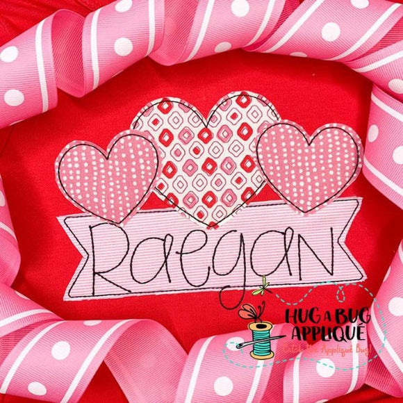 Heart Trio Banner Bean Stitch Applique Design, Applique