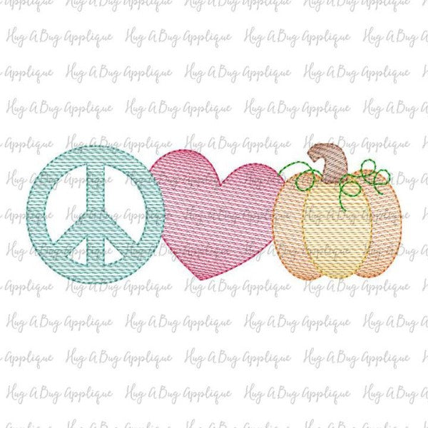 Peace Love Pumpkin Sketch Stitch Embroidery Design, Embroidery