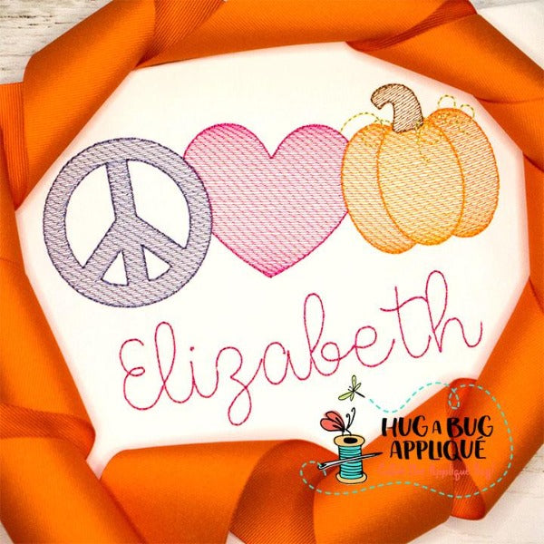 Peace Love Pumpkin Sketch Stitch Embroidery Design, Embroidery