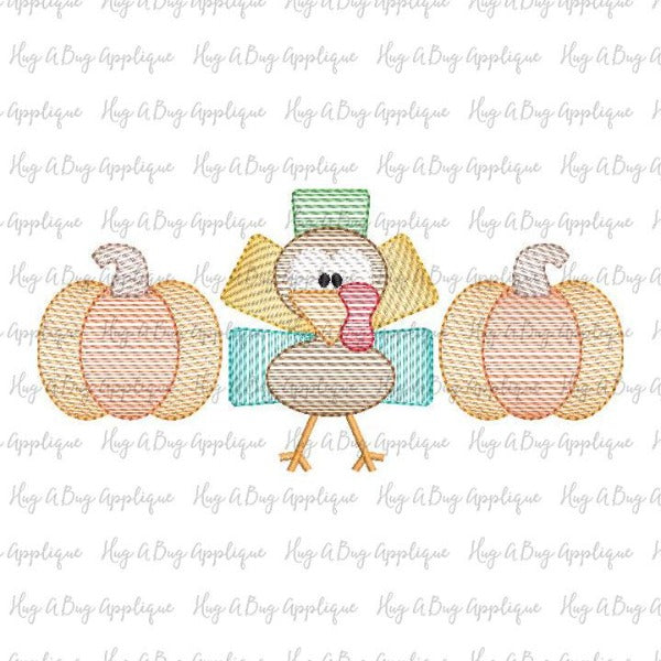 Pumpkin Turkey Trio Sketch Stitch Embroidery Design, Embroidery